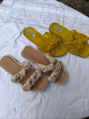 SoMe Mustard Yellow Knot Suede Slide& UniversalThread braided double strap slide